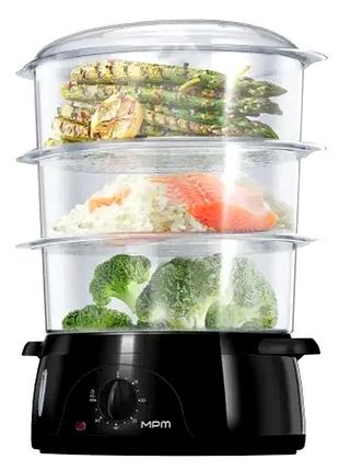 Пароварка 3 яруса 10 л 800 вт для кухни черный mpm mc-2788