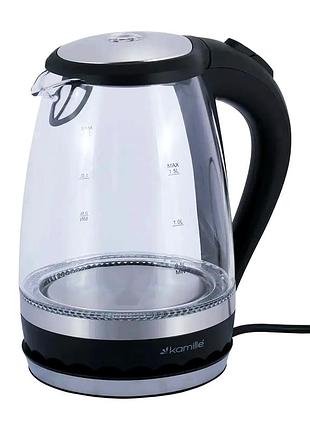 Електрочайник 2200 вт 1,5 л для дому скло чорний kamille mc-0589