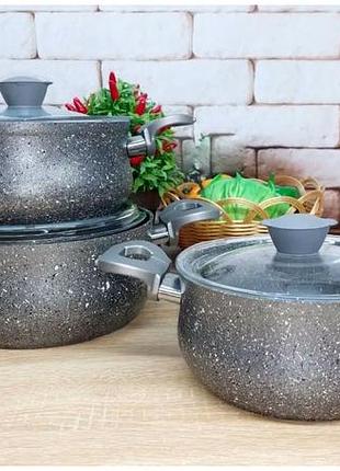 Набір посуду антипригарне покриття для кухні 6 предметів сірий oms collection mc-4206