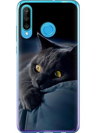 Чехол 2d пластиковый на телефон huawei p30 lite дымчатый кот "825t-1651-58250"