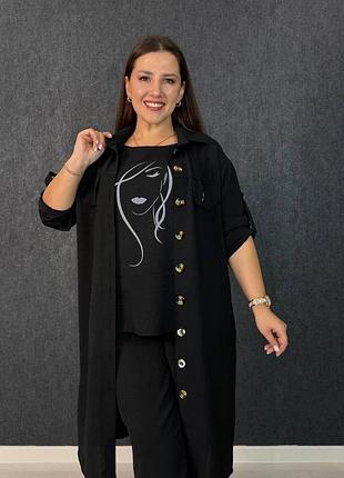 Костюм-трійка з американського крепу, вільний крій, подовжена сорочка, чорний, розмір 50/52