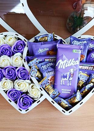 Подарочный бокс двойное сердце со сладостями мылка и розами для девушки в день влюбленных 8 марта день рождения (ar396-1)