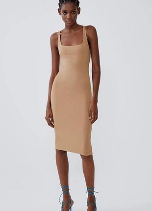 Бeжевий трикотажний міді сарафан zara #4865
