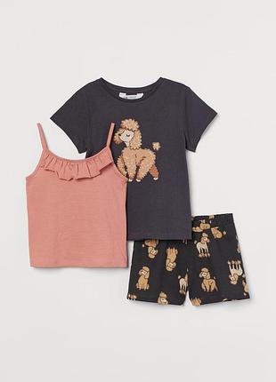 Летний комплект для девочки 110-116см, h&amp;m, 4-6роков, стильные футболка+майка+шорты для девочки, хлопок