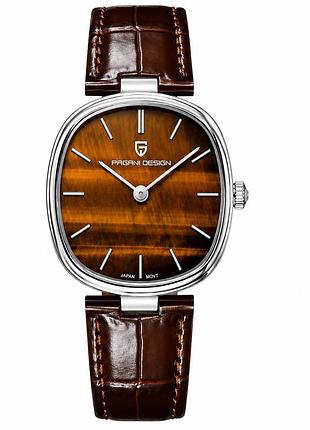 Женские часы pagani design pd-1825 silver-brown leather с сапфировым стеклом и механизмом miyota gl22