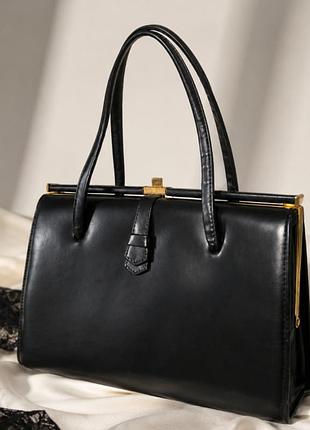 Вінтажна чорна сумка made in england 1950–1960 натуральна шкіра шкіряна раритетна сумочка з фермуаром винтажная винтаж кожаная сумка клатч англия кожа