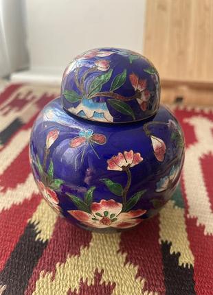 Вінтажна китайська баночка для імбиру (ginger jar) з кришкою, виконана в техніці клуазоне.виріб виготовлений із латуні з кольоровим емалевим покриттям