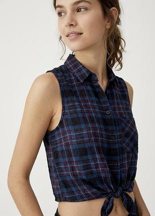 Топ клетка синяя рубашка в клетку вискоза кроп топ pull bear