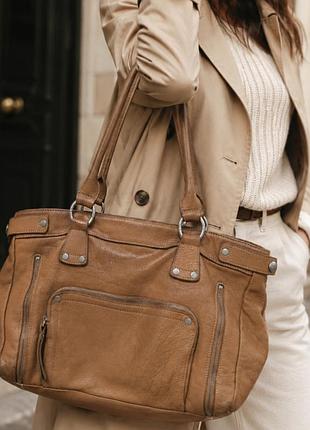Шкіряна сумка longchamp оригінал стиль old money натуральна шкіра велика коричнева рижа на плече з кишенями большая фирменная сумка longchamp
