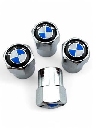 Колпачки на ниппель bmw металлические серебристые с голубым логотипом (4 шт.)