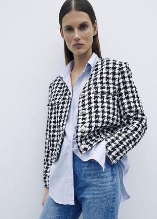 Твідовий укорочений жакет піджак zara в гусячу лапку