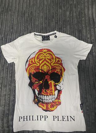 Футболка philipp plein xl біла зі стразами та принтом skull