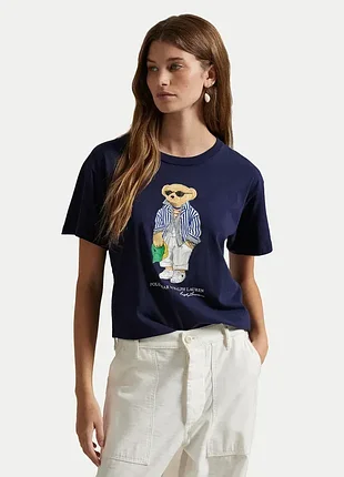 Футболка жіноча polo ralph lauren темно-синя розмір s/m бавовна з вишивкою