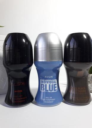 Набір чоловічих парфумованих дезодорантів для тіла 3 шт: full speed +individual blue + black suede touch avon/  ейвон