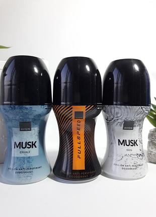 Набір чоловічих парфумованих дезодорантів для тіла 3 шт: musk rain + musk exhale + full speed,  ейвон