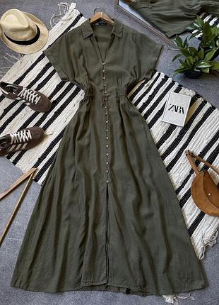 Сукня міді zara зара хакі натуральна льон бавовна лляна розмір м