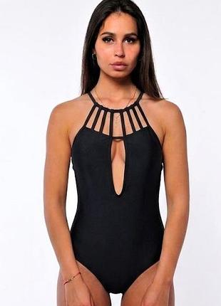 Uk 12 🖤 суцільний чорний купальник asos swim із сексуальними бретелями та вирізом-краплею