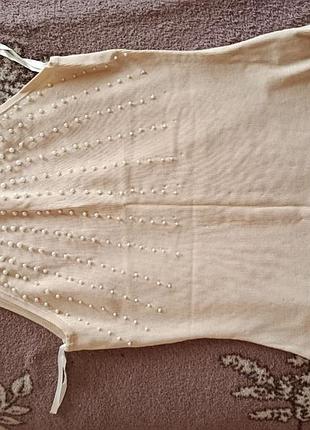 Трикотажный топ weili sweater с бусинами бежевый, размер m-l (на бирке 46), летняя майка американская проймы, стрейчевый женский топ в рубчик.