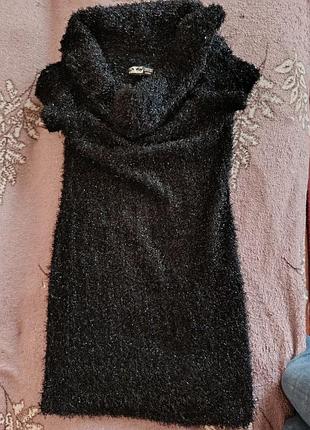 Винтажное вязаное платье-туника dress paris черная с люрексом травка, теплое женское мини-платье хомут, архивный пушистый свитер платье y2k xs/s.