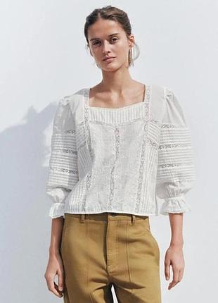 Біла блуза zara прошва мереживо розмір l