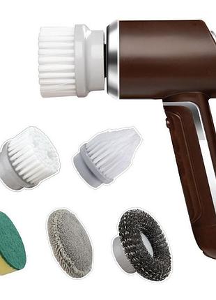Аккумуляторная электрическая щетка для уборки waterproof power scrubber, 5 насадок, usb, коричневая, лёгкая б/в