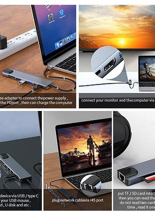 Usb-c концентратор хаб type c oem 8 в 1 usb hub to hdmi hdtv pd usb c usb 3.0 sd tf rj45 lan