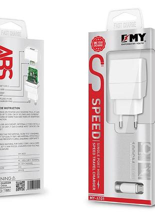 Набір 2 в 1 сзу with iphone cable 110-240v my-a101, 1 x usb, 5v/5w, output: 5v/1a, white, blister-, q25