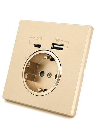 Розетка врезная с заземлением, input: ac:110-250v/16a, type-c/usb выходы, gold