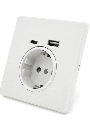 Розетка врезная с заземлением, input: ac:110-250v/16a, type-c/usb выходы, white