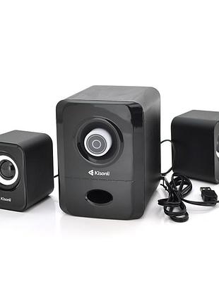 Колонки 2.1 kisonli u-2900, для пк и ноутбука, usb + 3.5mm, 5w + 2x3w, 20hz- 20khz, с сабвуфером, black, box, q40