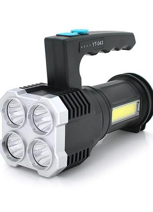 Ліхтар пошуковий portable lamp yt-81043, 4led t6+cob, 5w, 3+1 режим, 1200mah, black, ip40, usb кабель, 140х70х90мм, box