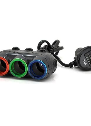 Азу розгалужувач + вольтметр olesson 1633, 12v-3 * 12v + usb, black, blister