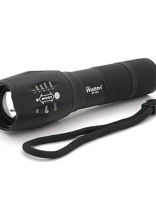 Ліхтар ручний watton wt-023, 1led cree t6, 3w, 5 режимів, zoom, 18650/2800mah (перехідник 3*aaa), black, ip44, сзу, 130х33х28мм,