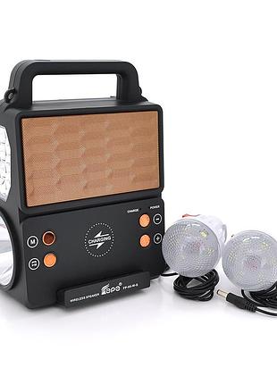 Ліхтар переносний kensa fp-05-w-s-l+solar+fm+mp3+bluetooth+aux, 2 лампи дод. освітлення, 2 режими, заряд від 5v, батарея 2*18650,
