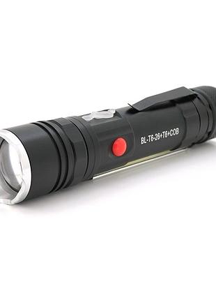 Фонарик bailong bl-26+cob, zoom, 3 режима, алюминий, компас, акум 18650, usb кабель, магнит, сзу, box