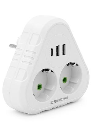 Розетка трійник із заземленням f203-white, 2 розетки+2usb+1type-c, 2500w, 10a, 110-250v~max, blister