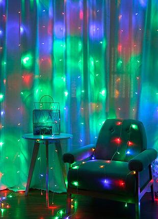 Гирлянда 240led водопад (red/green/blue/yellow), 8 режимов, 3*2 метр, прозрачная изоляция, питание 220v