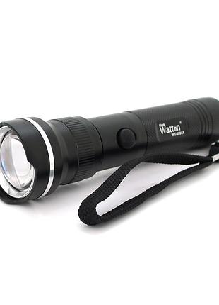Фонарь ручной watton wt-010, 1led cree q5, 3w, 5 режима, zoom,18650/3200mah, black, ip40, сзу под 2 акб, 180х45х34мм, box