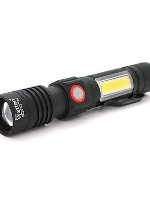 Ліхтар ручний watton wt-601, p50 + 16 smd cob, 2+2 режими, zoom, 18650/2400mah, black, ip40, usb type-c, магніт, 138х28х26мм, box