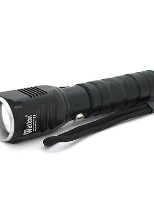 Ліхтар ручний watton wt-087, 1led cree t6, 10w, 5 режимів, 18650/2800mah (перехідник 3*aaa), black, ip44, сзу + азу, 120х33х33мм,