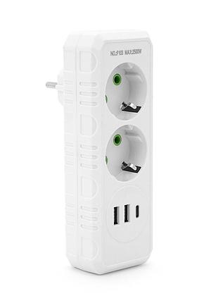 Розетка трійник із заземленням f103-white, 2 розетки+2usb+1type-c, 2500w, 10a, 110-250v~max, blister