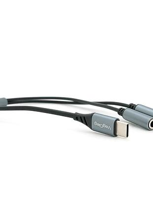 Переходник veggieg v-k204, 1/type-c(male) to=> 2/jack 3.5mm(f)(наушники + микрофон), black/silver, box