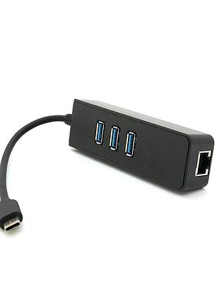 Type-c-хаб, 3хusb 3.0 + 1 gigabit lan, black, box
