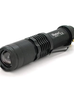 Ліхтар ручний watton wt-086, 1led cree t6, 3w, 4 режими, zoom, 18650/2800mah, black, ip44, сзу від usb, 115х28х22мм, box