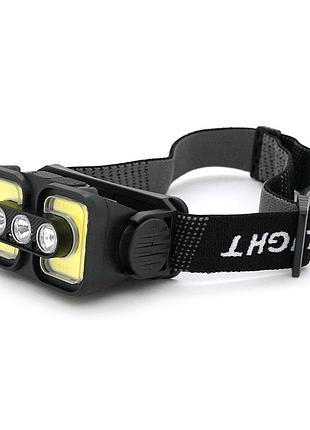 Налобный фонарик voltronic k361,1 cob, 3 led+red, 5 режима, корпус-пластик, водостойкий, ip44, питание акб встроенный, usb