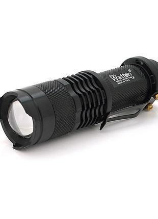 Фонарь ручной watton wt-304, 1led cree q5, 3w, 3 режима + zoom, аа/1300mah, black, ip40, сзу, 92х26х26мм, box
