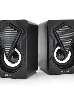 Колонки 2.0 kisonli l-9090 для пк і ноутбука, usb + 3.5mm, 2x3w, 20hz- 20khz, з вбудованим підсилювачем, black, box, q60