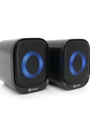 Колонки 2.0 kisonli x3 для пк та ноутбука, usb + 3.5mm, 2x3w, 20hz-20khz, rgb, black