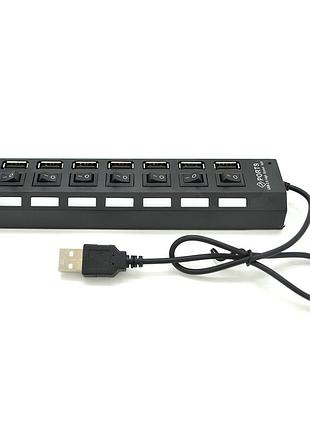 Хаб usb 2.0 7 портів з перемикачами на кожен порт, black, 480mbts high speed, живлення від usb, blister q100