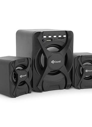 Колонки kisonli u-2500bt, 5w+2x3w, usb/tf/bt/fm/aux, із сабвуфером, dc: 5v, black, box, q30